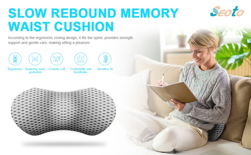 Lumbar Support Pillow for Office Chair, Memory Foam Lumbar Pillow for Lower Back Pain Relief (Grey)