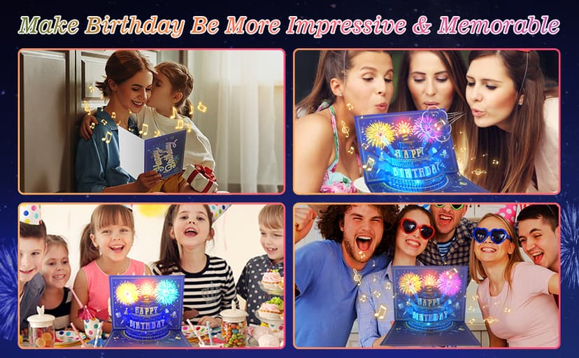 UPGRADED 3D Pop Up Firework Birthday Cards, Musical LED Lights Birthday Cards with Blowable Birthday Cake, Greeting Cards, Birthday Gifts for Mom Women Men Kids Child Dad Father Wife