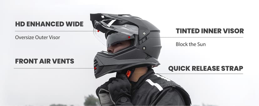 ILM Dual Sport Adventure Motorcycle Helmet with Pinlock Compatible Sun Visor Snowmobile ATV Dirt Bike Off Road Casco Model WS902 (Carbon Fiber, L)