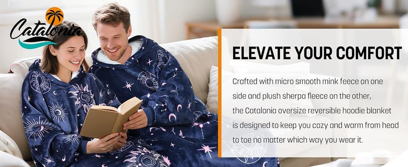 Catalonia Oversized Blanket Hoodie Sweatshirt, Wearable Sherpa Lounging Pullover for Adults Women Men