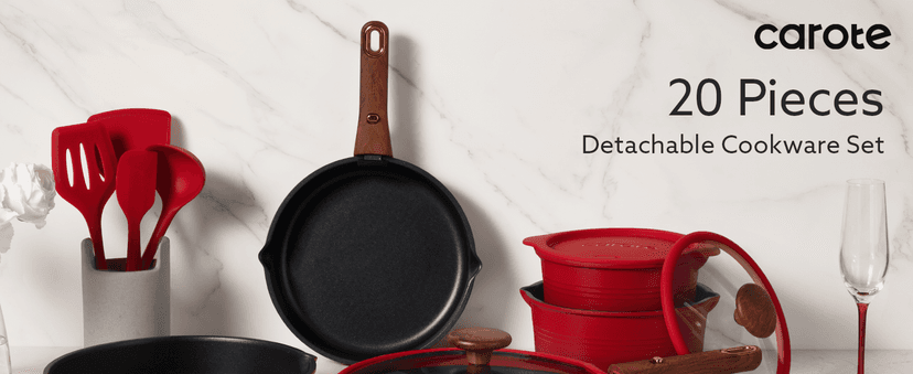Non-Stick, Non-Toxic, Induction Compatible, Dishwasher & Oven Safe, Space Saving, Camping Cooking, House Warming Gift, Red CAROTE 20pcs Titanium Cookware Set, Detachable Handle Pots and Pans Set B0G6DTV7NG