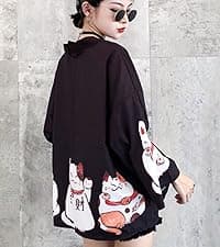 LAI MENG FIVE CATS Women's Floral Print Puff Sleeve Loose Blouse Japanese Kimono Cover up Casual Cute Tops
