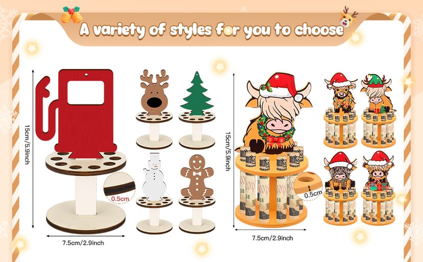 Kigley 5 Pieces Christmas Money Holder Ornaments with 10 Holes Handmade Wooden Christmas Cash Holders, Money Holder Xmas Ornaments Holiday Table Decorations(Assorted Style)