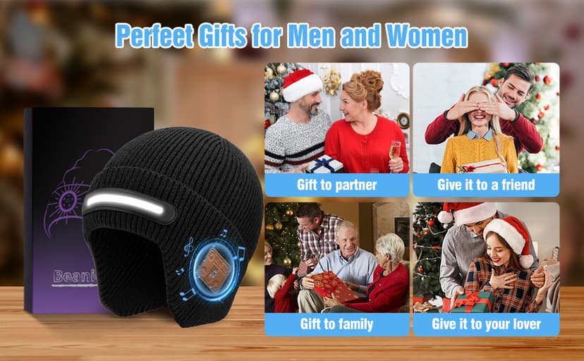 Bluetooth Beanie with Light, Headlamp Hat with Headphones and Built-in Speaker Mic, Unique Christmas Gifts for Men Husband