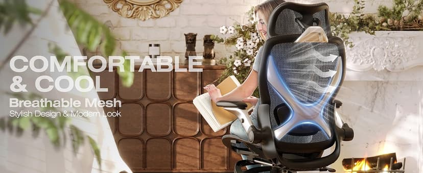 ELABEST X100 Ergonomic Mesh Office Chair with Footrest, Big and Tall Hone Desk Chair with 5D Flip-Up Arms, Adjustable 3D Lumbar Support,Gaming & Executive Computer Chairs
