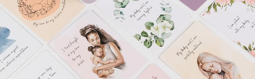 New Mom Affirmation Cards - 50 Postpartum Affirmation Cards for Women - Pregnancy & Self-Care Gifts for New Mom After Birth in Tin Box with Wooden Stand
