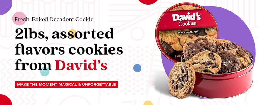 David's Cookies Assorted Fresh Baked Decadent Cookie Gift Tin – 2lb Basket with 8 Jumbo Cookies – Soft and Chewy Bakery-Style Dessert for Birthdays, Holidays, Thank You and Special Occasions