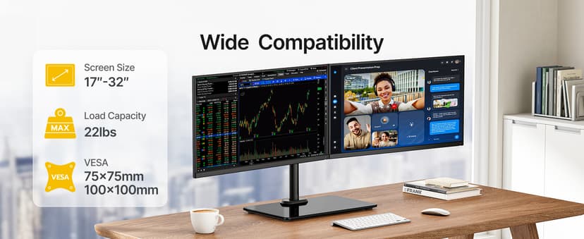 monTEK Freestanding Dual Monitor Stand with Sleek Glass Base for 17-32 inch Screens, Heavy-Duty Dual Monitor Mount Holds 22 lbs per Arm, Fully Motion Height Adjustable, VESA 75/100 MM