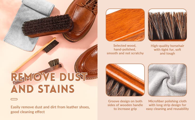 ZJoey 4 Pcs Horsehair Shine Shoes Brush Kit Polish Dauber Applicators Cleaning Leather Shoes Boots Care Brushes Suede Cleaner Brush with Microfiber Shoe Cloth(4 Pcs Style A)