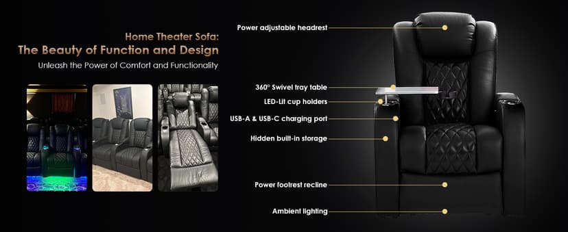 PBRO Home Theater Seating Top Grain Leather Recliner Chair, Movie Theater Chair Sofa with Power Reclining & Headrest USB Charger Ports Ambient Lighting, Black Single Seat for Home
