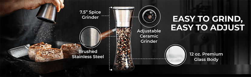 HOME EC Original Stainless Steel Salt or Pepper Grinder 1pk - Adjustable Ceramic Sea Salt Grinder or Pepper Mill - Tall Glass Spice Shaker - Spice Mill w/EBook B082V134CK