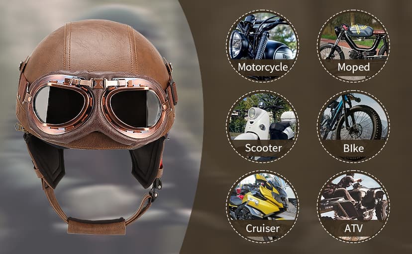 German Style Leather Motorcycle Half Helmet for Adults Men Women, DOT Approved Vintage Cap Half Face Shell Motorcycle Helmets for Cruiser Chopper+Goggles