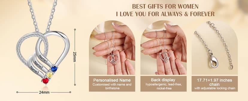 Jeweidea Personalized Heart Necklace with 2-6 Simulated Birthstones Custom Name Mother Daughter Chain Pendant for Women Mom Birthday