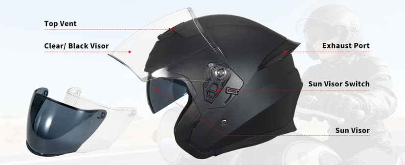 Motorcycle Helmets Open Face for Streey Moped Scooter, Dual Visor 3/4 Moped Helmets for Adults Motorbike Half Helmet 601 DOT Approved Men and Women