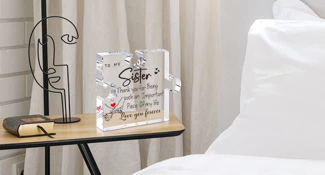 LukieJac Sister Gifts from Sister - Unique Sister Birthday Acrylic Puzzle-Shaped Plaque Desk Decorations Present for Sister Thanksgiving Christmas Wedding from Sister Brother