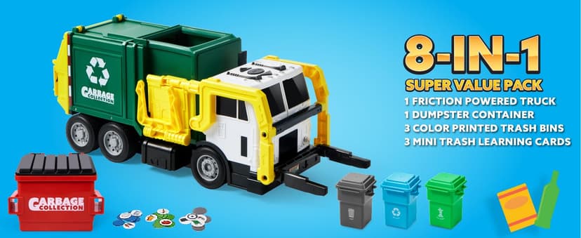 JOYIN Large Friction Powered Garbage Truck Toy Set, Includes 1 Dumpster, 3 Trash Bins, and 30 Learning Cards for Kids, Boy Toys Birthday Gift, Green B095XJDJ8V
