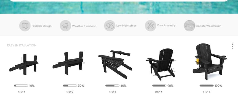SERWALL HDPE Folding Adirondack Chair with Dual Cup Holder - Composite Adirondack Chair Set of 4- Black