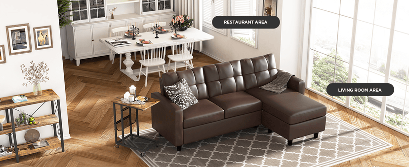 HONBAY Faux Leather Sectional Sofa, Convertible Sectional Couch L Shaped Couch Sofa for Small Space, Brown