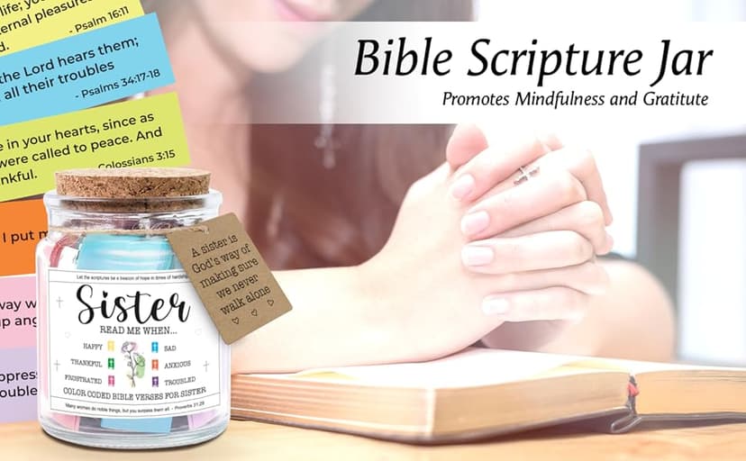 NewEleven Sister Birthday Gifts - Gift For Sister, Soul Sis, Sisters In Law - Sisters Gifts From Sister, Brother, Friend, Family - Decorative Glass Scripture Jar With 92 Bible Verse