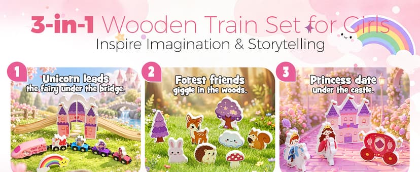 Pink Train Track Set Fairy Theme with Multiple Layouts, Birthday Gift Toys for Girls 3 4 5 6 Year Old Wooden Train Set Electric, 50 PCS Unicorn Princess Wood Track for Girls B0HDSGBW7S