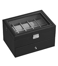 SONGMICS Watch Box, 12-Slot Watch Case Organizer with Large Glass Lid, 2 Layers, Removable Pillows, Metal Lock, Gift for Loved Ones, Black Synthetic Leather, Black Lining UJWB012B03