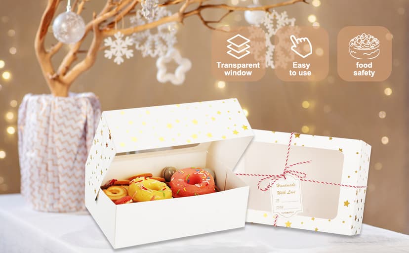 Zzrywuty 24 PCS Christmas Cookie Boxes for Gift Giving Golden Star White Bakery Boxes with Window,Christmas Treat Boxes for Pastry Dessert Cupcakes Mini Cake Pie Candy Donut,Baking Goods Packing Box
