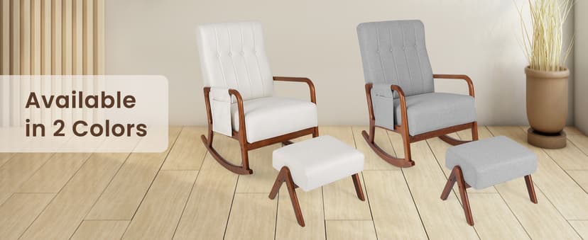 Giantex Rocking Chair with Ottoman, Upholstered Rocker Chair w/Solid Rubber Wood Frame, Side Pocket, Linen Nursery Chair w/Footrest, Tufted Glider Chair for Living Room, Bedroom, Grey