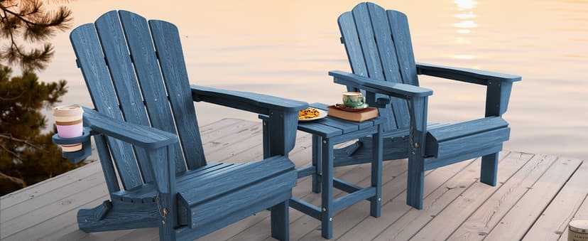 KINGYES Folding Adirondack Chair Set of 2, HDPE All-Weather Patio Chairs with Cup Holder, Wooden Textured Fire Pit Chairs Recliner for Poolside, Backyard, Deck, Navy