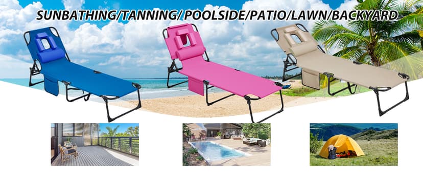 400lbs Tanning Chair, 5-Fold Beach Lounge Chair with Face Hole & 2 Side Pockets, Non-Slip Foot & Portable Handle, Beach Chaise Lounge for Patio/Pool/Lawn(1, Pink)
