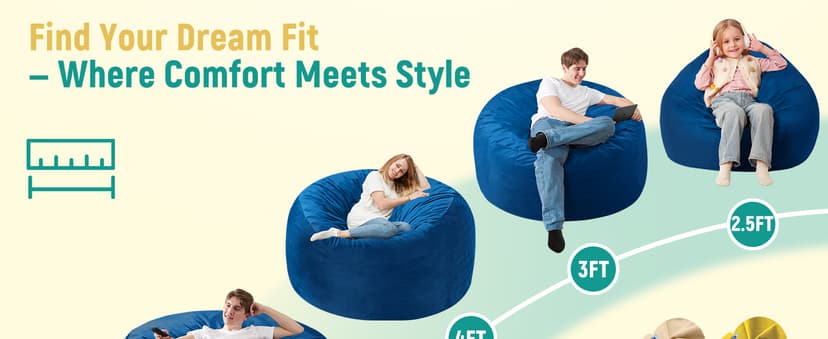 Homguava 3FT Bean Bag Chair: 3' Bean Bags with Memory Foam Filled, Large Beanbag Chairs Soft Sofa with Dutch Velvet Cover-Blue