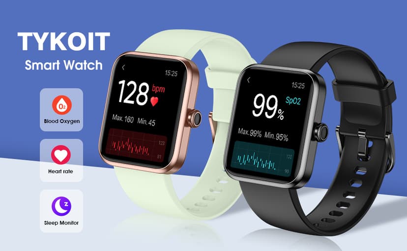 TYKOIT TYKOIT Smart Watch, Fitness Tracker with Heart Rate Monitor, Blood Oxygen, Sleep Tracker, 41mm Touchscreen Smartwatch for Android iOS Swimming Waterproof Pedometer Step Calories Tracker for Women Men