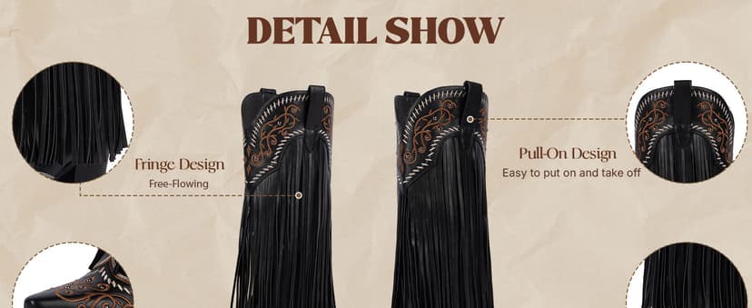 Modatope Cowboy Boots for Women Fringe Knee High Boots Embroidered Cowgirl Western Pointed Toe Chunky Heel Slip on Wide Calf Cowboy Boots