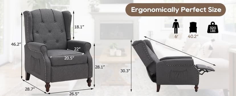 Wingback Recliner Chair with Massage and Heat, Wingback Recliner Tufted Fabric Push Back Recliner Chair for Living Room, Vintage Wingback Chair with Remote Control, Padded Cushion, Wooden Legs