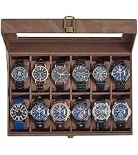 SONGMICS SONGMICS Watch Box, 12-Slot Watch Case Organizer with Large Glass Lid, 2 Layers, Removable Pillows, Metal Lock, Gift for Loved Ones, Black Synthetic Leather, Gray Lining UJWB012