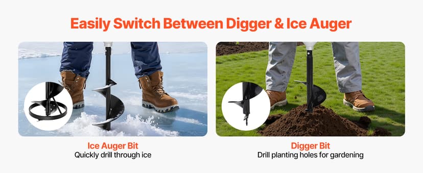 VEVOR 20V/40V Electric Ice Auger, 8 inch Diameter, 2 in 1 Battery Powered Ice Fishing Augers and Earth Auger Combo with Top Plate, Turbo High-Speed Cutting System and Blade Guard