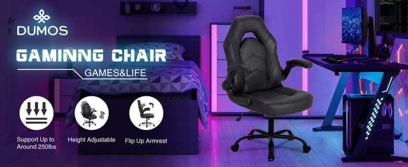 DUMOS Ergonomic Computer Gaming Chair - Home Office Desk with PU Leather Lumbar Support, Height Adjustable Big and Tall Video Game with Flip-up Armrest, Swivel Wheels for Adults, Black