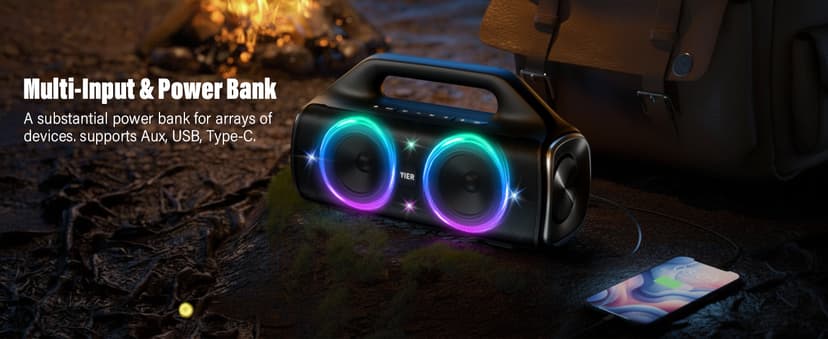 Speakers, 80w (Peak) Portable Wireless Speaker with Lights, Stereo Loud Sound, IP67 Waterproof, Deep Bass Outdoor Speakers Bluetooth 5.3 Dual Pairing for Home Party Beach Camping, Gifts