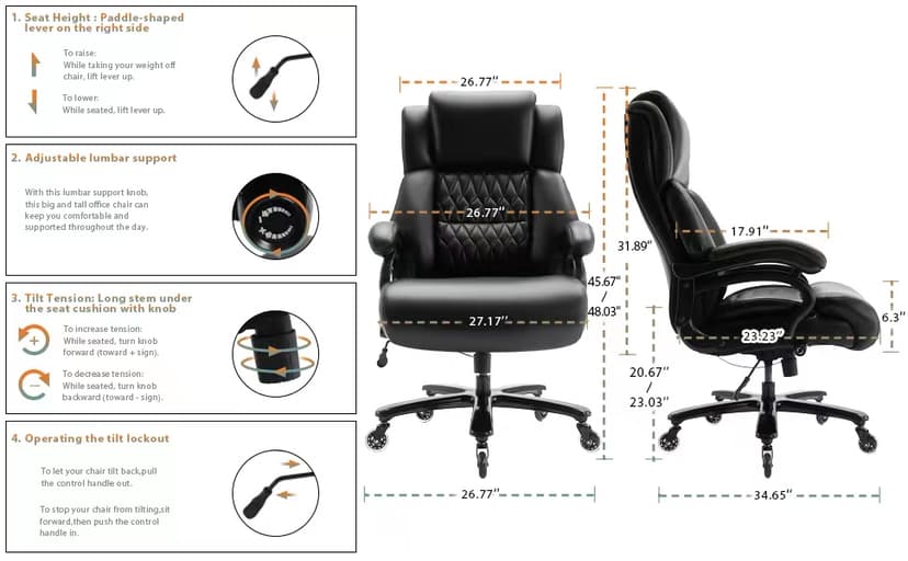 Big and Tall 400lbs Office Chair - Adjustable Lumbar Support Quiet Rubber Wheels Heavy Duty Metal Base, High Back Large Executive Computer Desk, Thick Padded Ergonomic Design for Back Pain (Black)