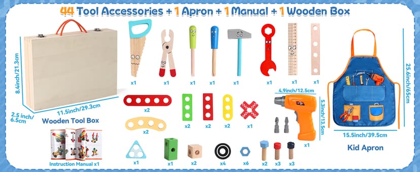 Kids Tool Set with Drill, Educational Montessori Toys for 3 Year Old Boys 44 Pcs STEM Kids Toys Wooden Toddler Tool Set with Apron & Box Christmas Birthday Gifts for 3 4 5 Year Old Boy Girl