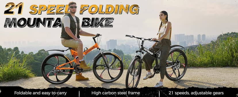 Outroad 26 Inch Folding Mountain Bike, 21 Speed Full Suspension High-Carbon Steel MTB Foldable Bicycle, Dual Disc Brake Non-Slip Folding Bikes for Adults/Men/Women, Black, Orange and Green