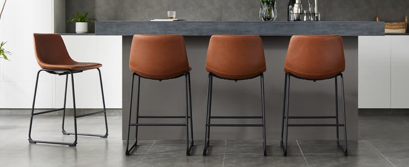 DUMOS 26 Inch Counter Height Bar Stools Set of 4, Modern Faux Leather High Barstools with Back and Metal Leg, Upholstered Bar Chairs for Kitchen Island, Brown