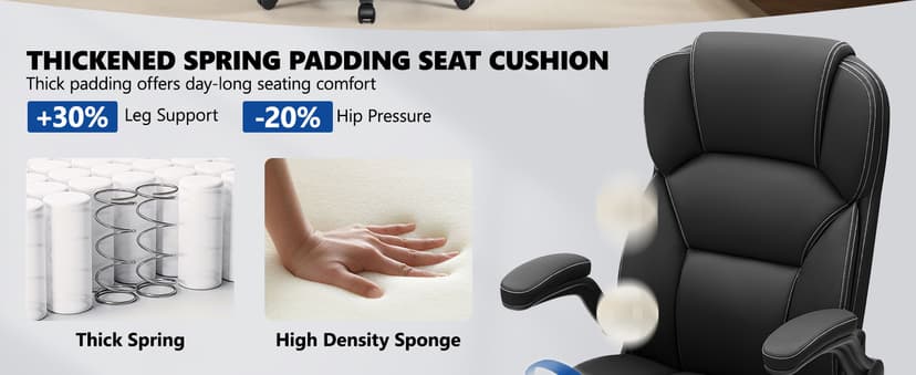 PU Leather Executive Office Chair, Ergonomic High-Back Computer & Gaming Chair with Adjustable Height, Rolling Swivel & Flip-Up Armrests, Comfy Padded Seat for Home Office-Black
