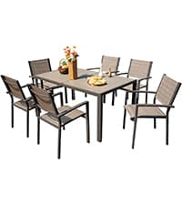 Devoko Dining 7 PCS Furniture, Patio Conversation Set with Acacia Wood Table Top, Outdoor, Beige Cushion and Black Rattan