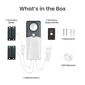 Techko S189 Ultra Slim Safe Pool Alarm for Kids, ETL Listed UL 2017 Compliant, Indoor/Outdor Weather Resistant, 110db Loud Alarm with 2X Bypass Buttons, Gray, 1Count