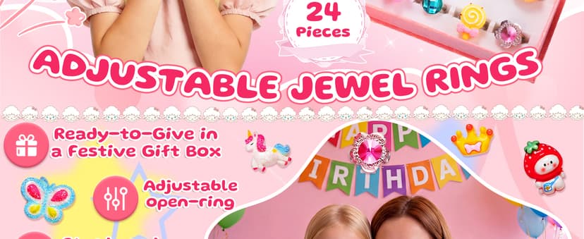 PinkSheep Little Girl Jewel Rings in Box, Adjustable, No Duplication, Girl Pretend Play and Dress Up Rings (24 Lovely Ring)