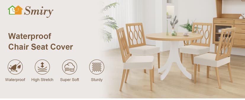 Smiry Waterproof Seat Covers for Dining Room Chairs Set of 4, Stretch Jacquard Removable Washable Chair Seat Slipcovers Protector, No Rear Covers, Beige