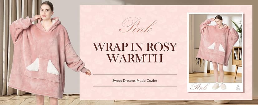 Touchat Wearable Blanket Hoodie, Oversized Sherpa Blanket Sweatshirt with Hood Pocket and Sleeves, Super Soft Warm Plush Hooded Blanket for Adult Women Men, One Size Fits All (Pink)