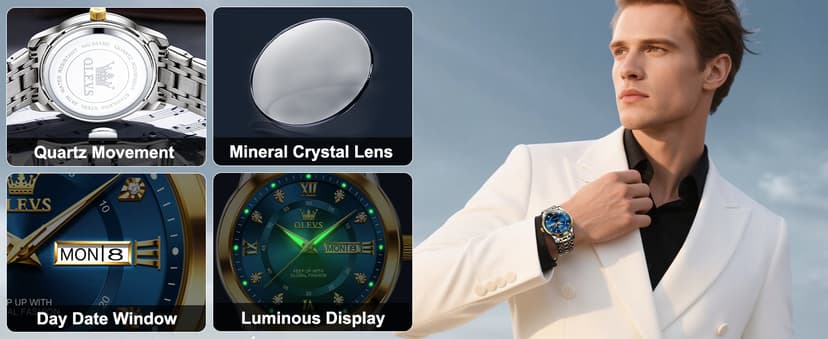 OLEVS Men's Stainless Steel Watch, Large Face Roman Numerals Diamond Accented Three-Hand Analog Quartz Watches for Men, Easy to Read Day Date Waterproof Luminous Mens Wristwatch