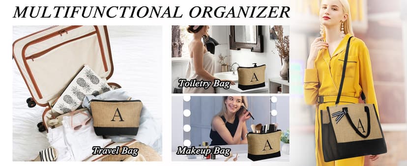 YOOLIFE Personalized Gifts for Women - Initial Jute Tote Bag & Makeup Bag, Birthday Gifts for Women Mom Wife Teacher Friend