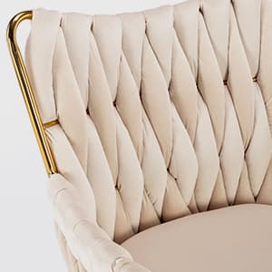 KCC Modern Velvet Home Office Desk Chair with Hand Woven Backrest, Upholstered Adjustable Makeup Vanity Chair with Armrest and Golden Metal Base with Wheels for Living Room Bedroom Study(Beige)